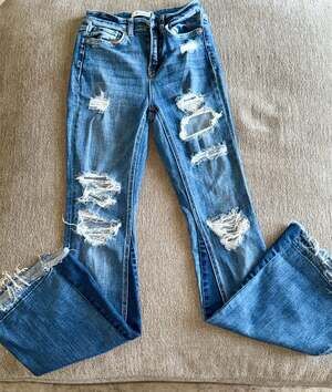 Zenana Women's High Rise Distressed Flare Jeans Style DPP-1826MM